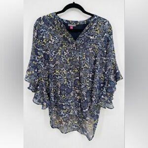 Vince Camuto Blues/White/Yellow Flutter Sleeve Blouse